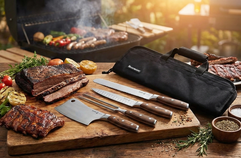 Messermeister Avanta Forged 6-Piece Pro BBQ Set - German X50 Stainless Steel - Includes 5 BBQ Knife Essentials & Preservation 5 Pocket Black Knife Bag
