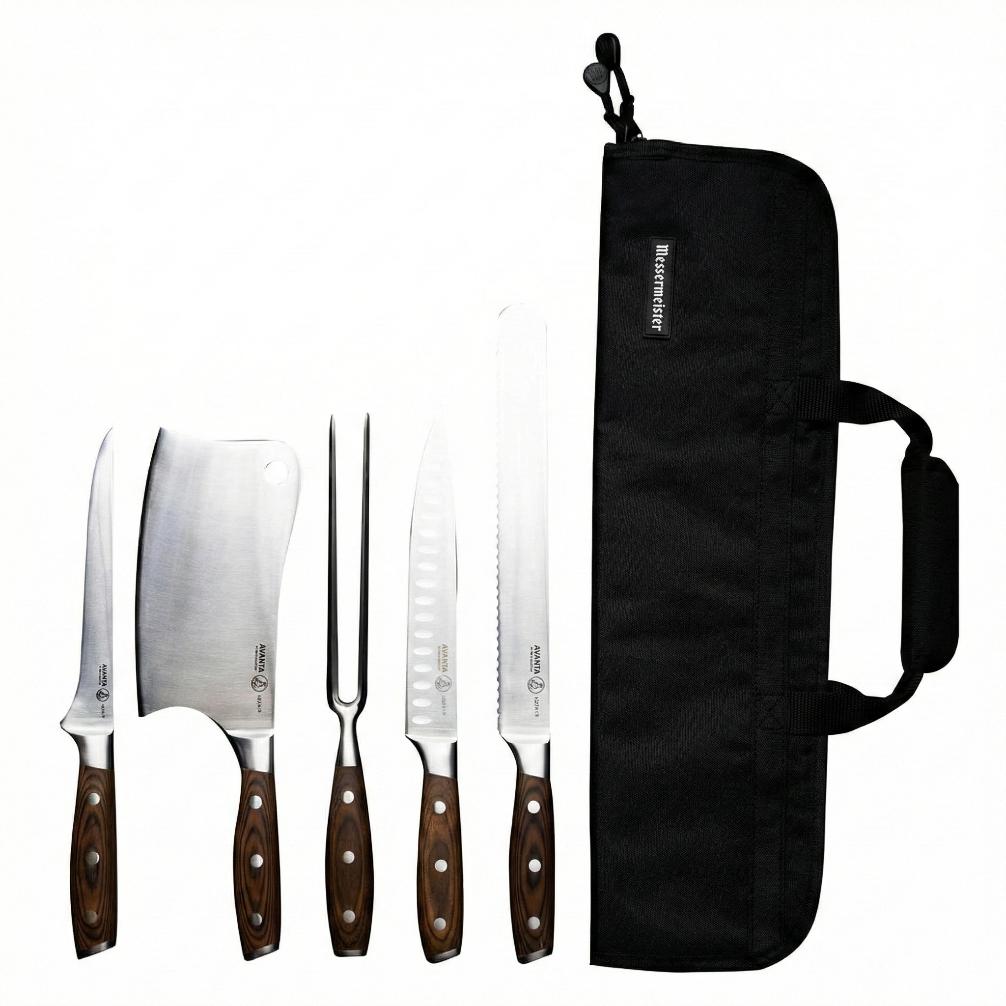 Messermeister Avanta Forged 6-Piece Pro BBQ Set - German X50 Stainless Steel - Includes 5 BBQ Knife Essentials & Preservation 5 Pocket Black Knife Bag