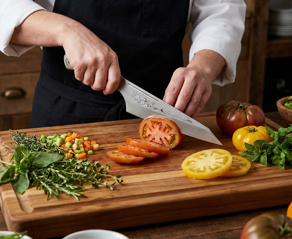 Messermeister Chef April Bloomfield Carbon 6.5” Chef’s Knife - Bohler K110 High Carbon Steel with a Ceramic Stonewash Finish - Resin-Stabilized Wood Handles - Handcrafted in Maniago, Italy