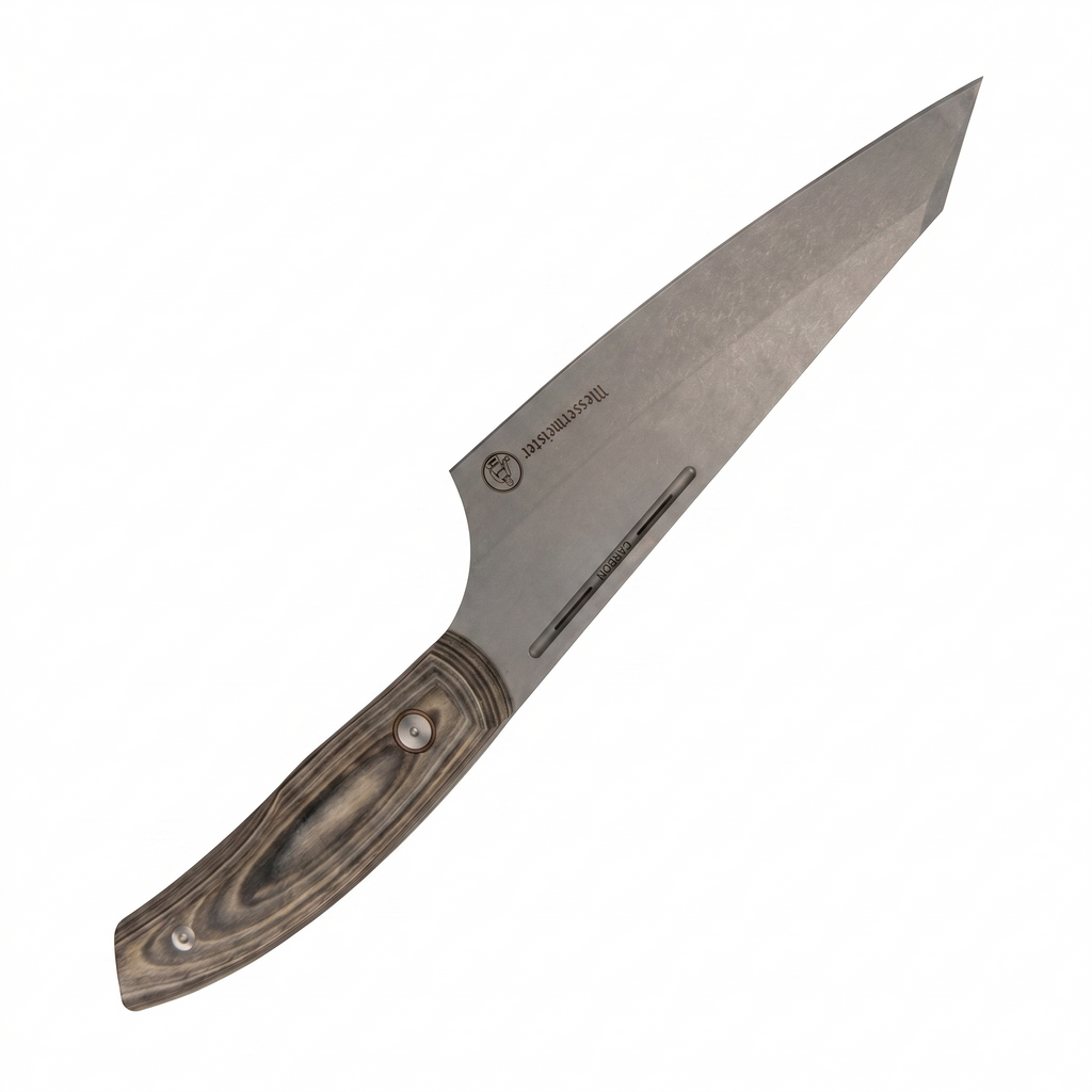Messermeister Chef April Bloomfield Carbon 6.5” Chef’s Knife - Bohler K110 High Carbon Steel with a Ceramic Stonewash Finish - Resin-Stabilized Wood Handles - Handcrafted in Maniago, Italy