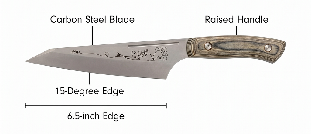 Messermeister Chef April Bloomfield Carbon 6.5” Chef’s Knife - Bohler K110 High Carbon Steel with a Ceramic Stonewash Finish - Resin-Stabilized Wood Handles - Handcrafted in Maniago, Italy