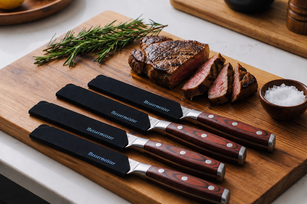Messermeister 4-Piece Steak Knife Edge-Guard, Black - Fashionable & Functional Knife Protector for Steak Knives - 2 Blade Entry Notches - Includes 4 Steak Knife Edge Guards