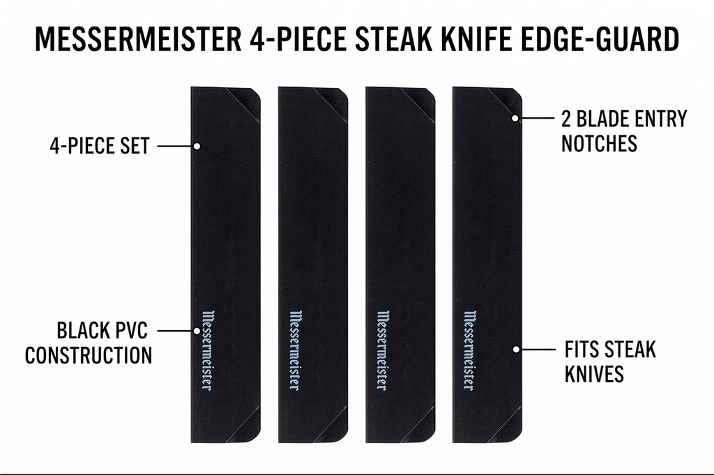 Messermeister 4-Piece Steak Knife Edge-Guard, Black - Fashionable & Functional Knife Protector for Steak Knives - 2 Blade Entry Notches - Includes 4 Steak Knife Edge Guards