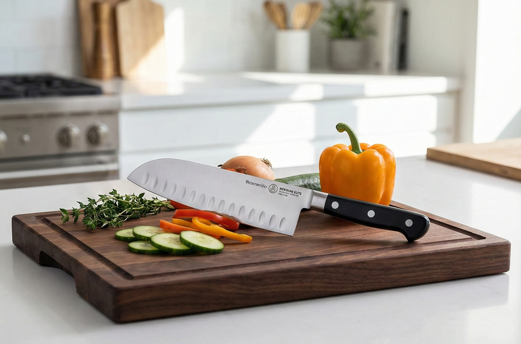 Messermeister Meridian Elite 7” Kullenschliff Santoku Knife - Japanese Chef’s Knife - German Steel Alloy Blade - Rust Resistant & Easy to Maintain