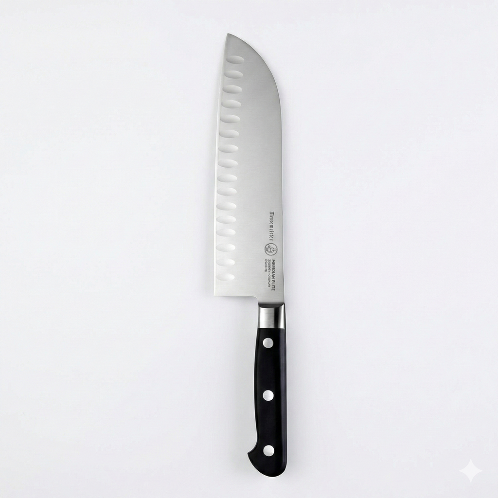 Messermeister Meridian Elite 7” Kullenschliff Santoku Knife - Japanese Chef’s Knife - German Steel Alloy Blade - Rust Resistant & Easy to Maintain