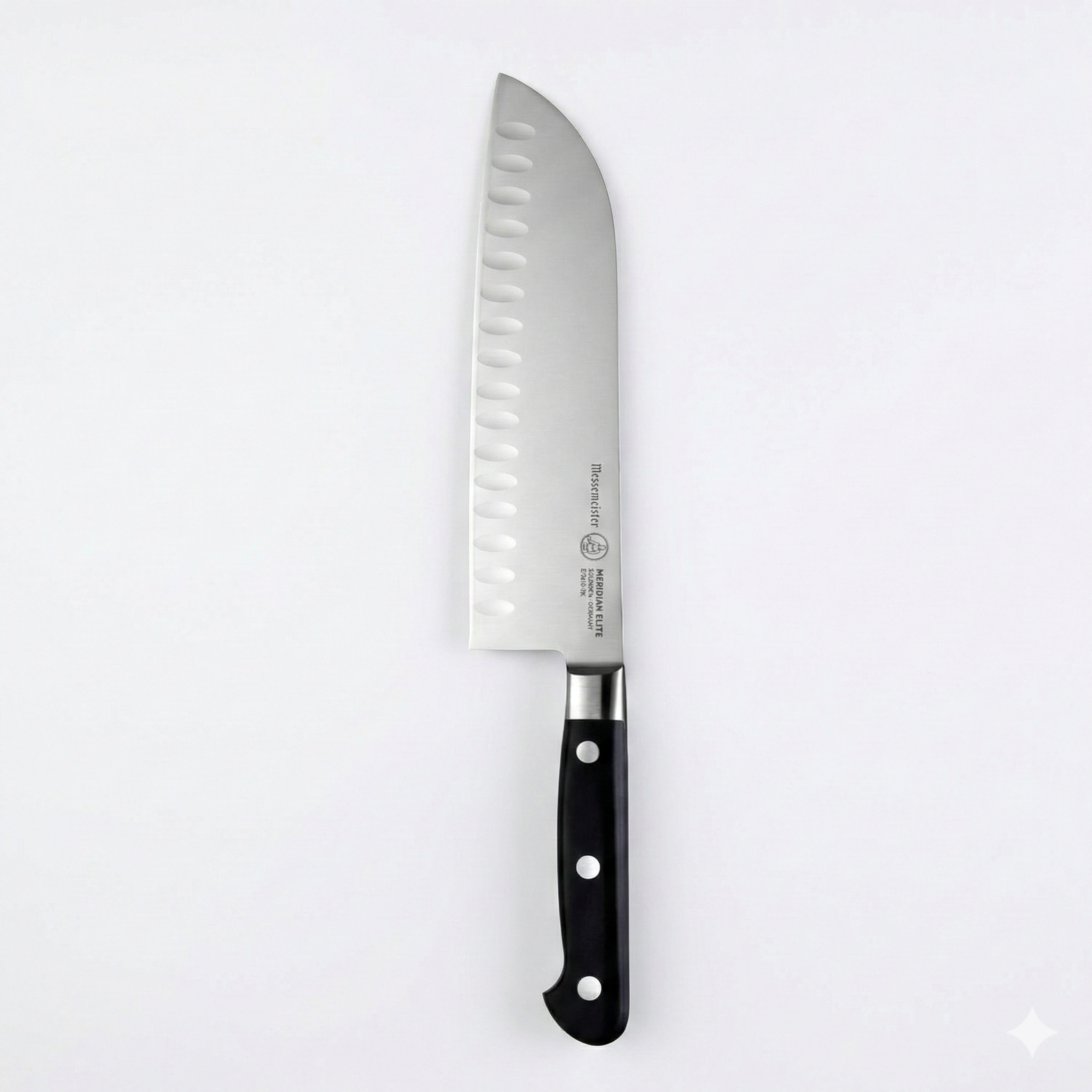Messermeister Meridian Elite 7” Kullenschliff Santoku Knife - Japanese Chef’s Knife - German Steel Alloy Blade - Rust Resistant & Easy to Maintain