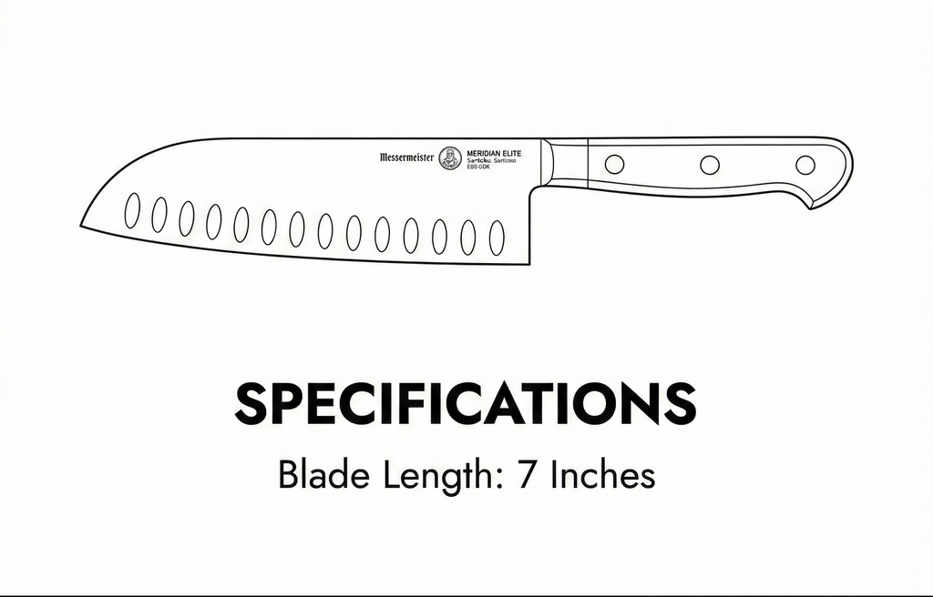 Messermeister Meridian Elite 7” Kullenschliff Santoku Knife - Japanese Chef’s Knife - German Steel Alloy Blade - Rust Resistant & Easy to Maintain