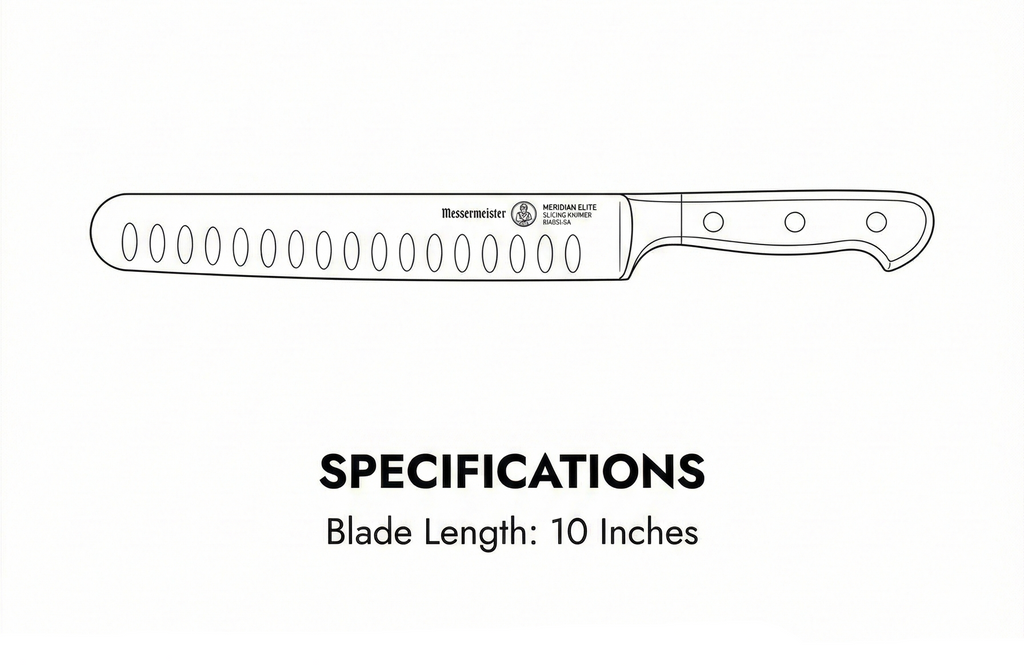 Messermeister Meridian Elite 10” Round-Tip Kullenschliff Slicer Knife - Fine German Steel Alloy Blade - Rust Resistant & Easy to Maintain