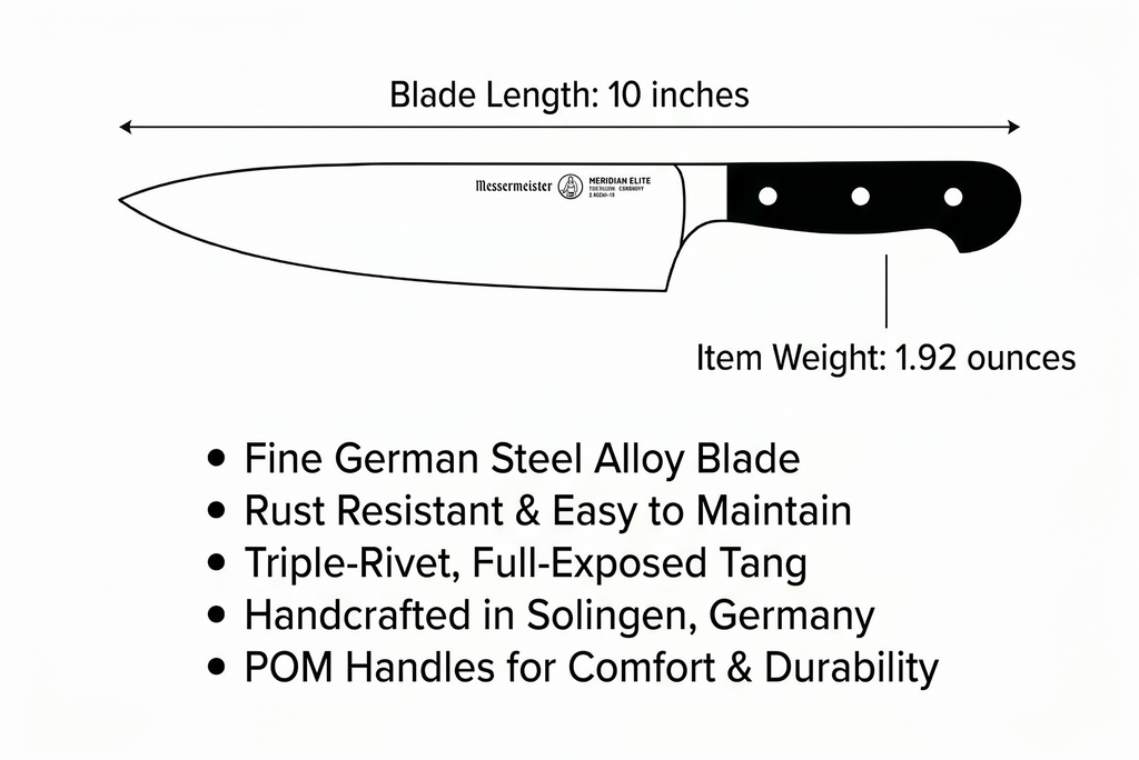 Messermeister Meridian Elite 10” Traditional Chef’s Knife - Fine German Steel Alloy Blade - Rust Resistant & Easy to Maintain