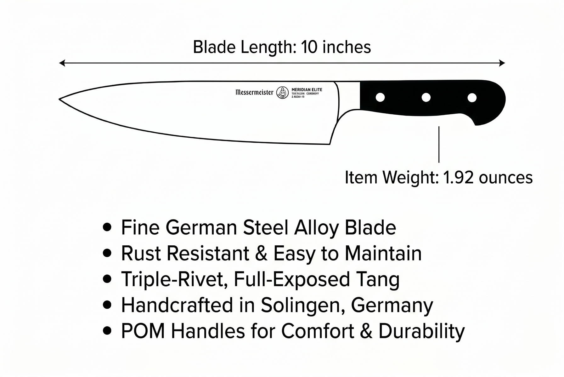 Messermeister Meridian Elite 10” Traditional Chef’s Knife - Fine German Steel Alloy Blade - Rust Resistant & Easy to Maintain