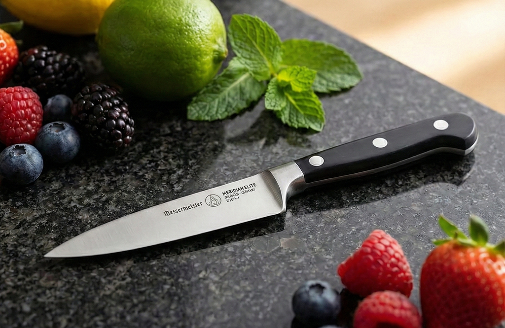 Messermeister Meridian Elite 4” Spear Point Paring Knife - Fine German Steel Alloy Blade - Rust Resistant & Easy to Maintain