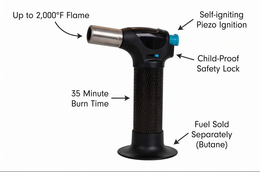 Messermeister Cheflamme Mini Culinary Torch, Black - Up to 2,000 Degrees Fahrenheit & 35 Minute Burn Time - Self-igniting Piezo Ignition - Child-Proof Safety Lock - Fuel Sold Separately