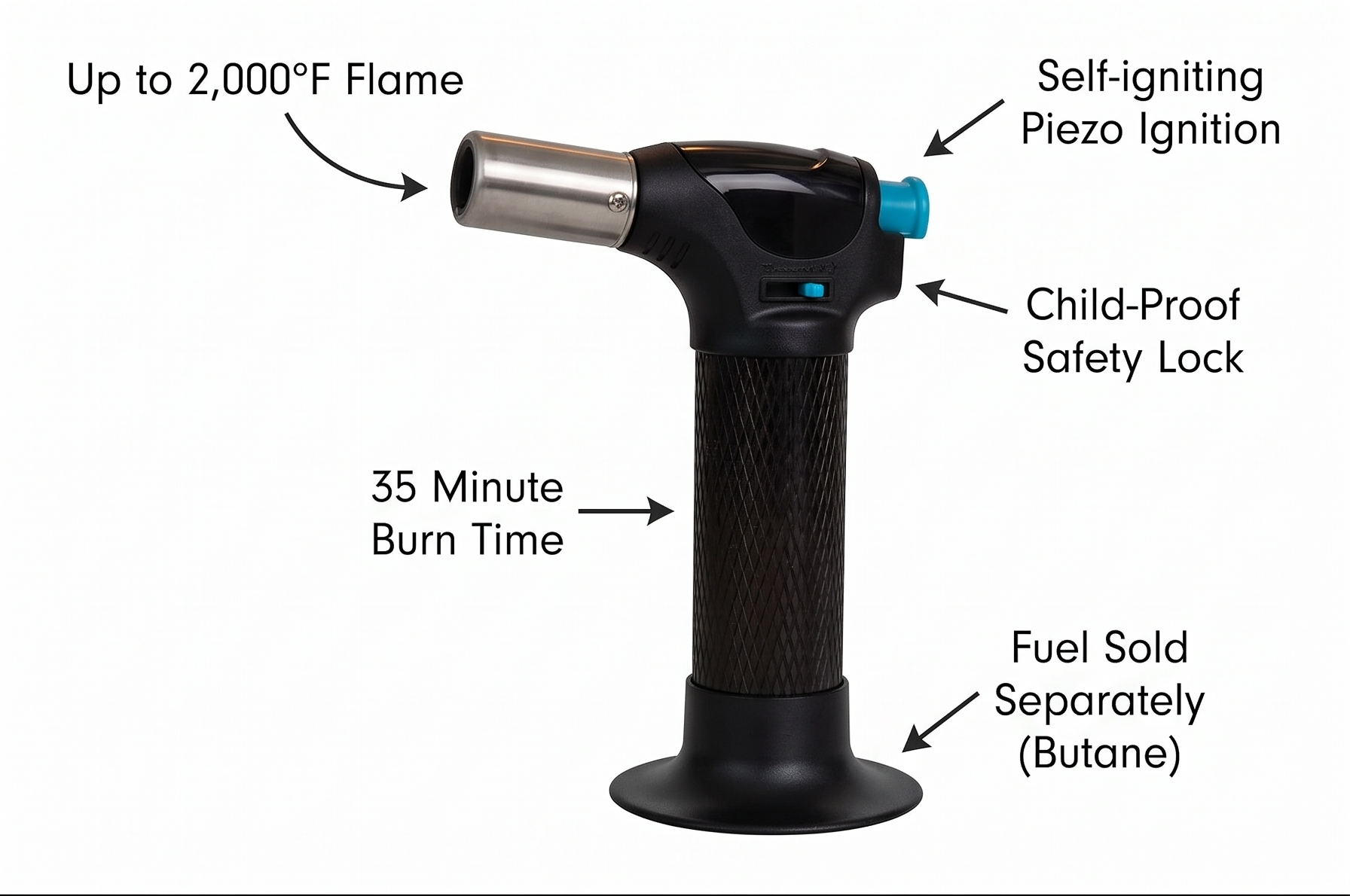 Messermeister Cheflamme Mini Culinary Torch, Black - Up to 2,000 Degrees Fahrenheit & 35 Minute Burn Time - Self-igniting Piezo Ignition - Child-Proof Safety Lock - Fuel Sold Separately