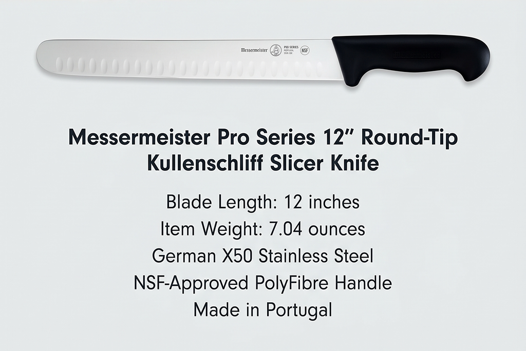 Messermeister Pro Series 12” Round-Tip Kullenschliff Slicer Knife - German X50 Stainless Steel & NSF-Approved PolyFibre Handle - 15-Degree Edge, Rust Resistant & Easy to Maintain - Made in Portugal
