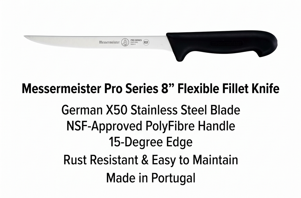 Messermeister Pro Series 8” Flexible Fillet Knife - German X50 Stainless Steel & NSF-Approved PolyFibre Handle - 15-Degree Edge, Rust Resistant & Easy to Maintain - Made in Portugal