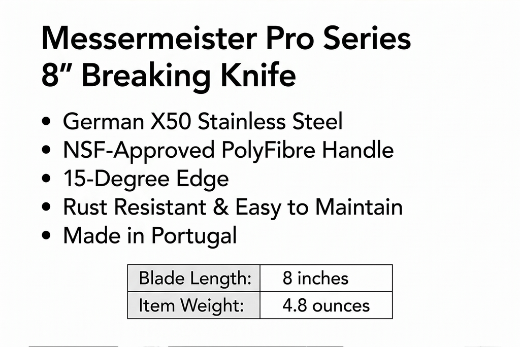 Messermeister Pro Series 8” Breaking Knife - German X50 Stainless Steel & NSF-Approved PolyFibre Handle - 15-Degree Edge, Rust Resistant & Easy to Maintain - Made in Portugal
