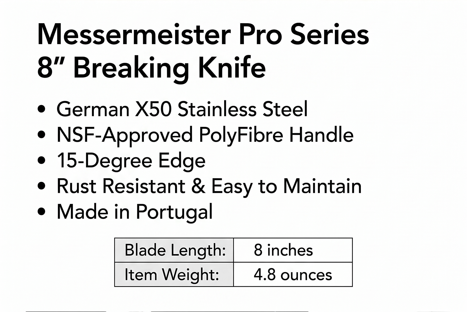 Messermeister Pro Series 8” Breaking Knife - German X50 Stainless Steel & NSF-Approved PolyFibre Handle - 15-Degree Edge, Rust Resistant & Easy to Maintain - Made in Portugal