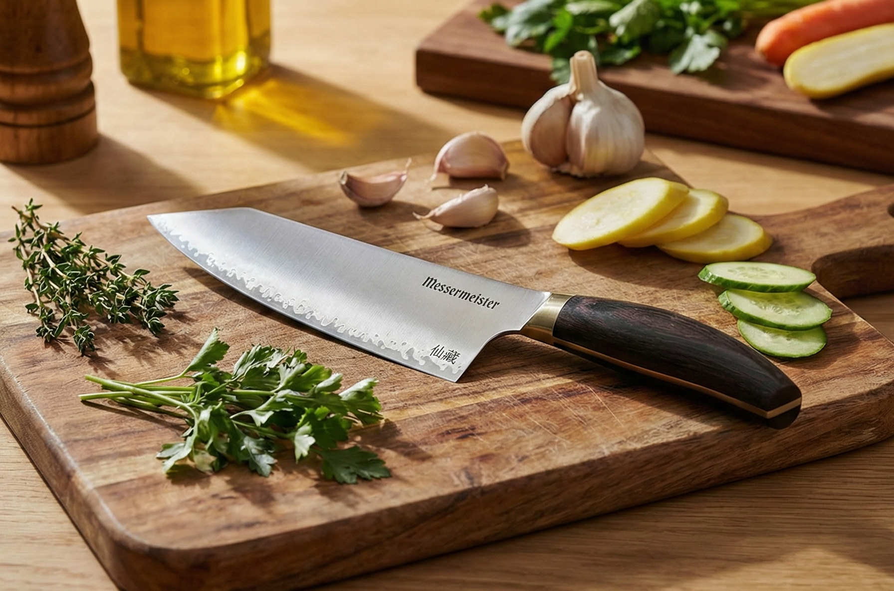 Messermeister Kawashima 8” Chef’s Knife - SG2 Powdered Steel, Eco-Brass Bolster & Walnut Pakkawood Handle - Made in Seki, Japan