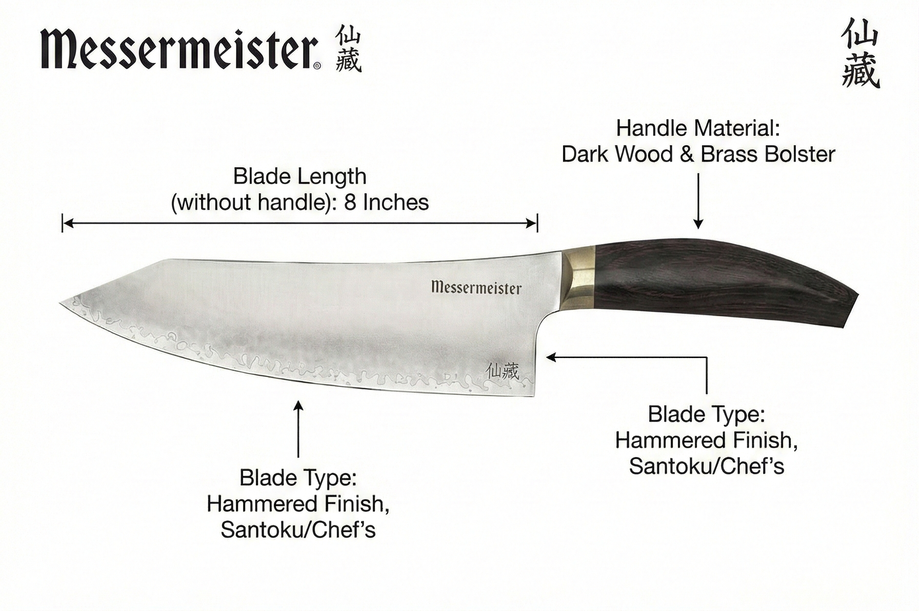 Messermeister Kawashima 8” Chef’s Knife - SG2 Powdered Steel, Eco-Brass Bolster & Walnut Pakkawood Handle - Made in Seki, Japan