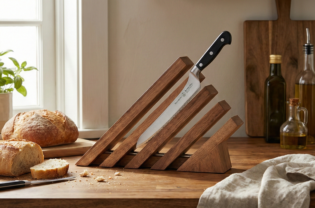 Messermeister Next Level Magnetic Knife Block, Acacia - Modern, Ventilated & Lighted with UV LEDs - Holds 16 Knives or Steels & Scissors - 12"w x 9"h x 5"d