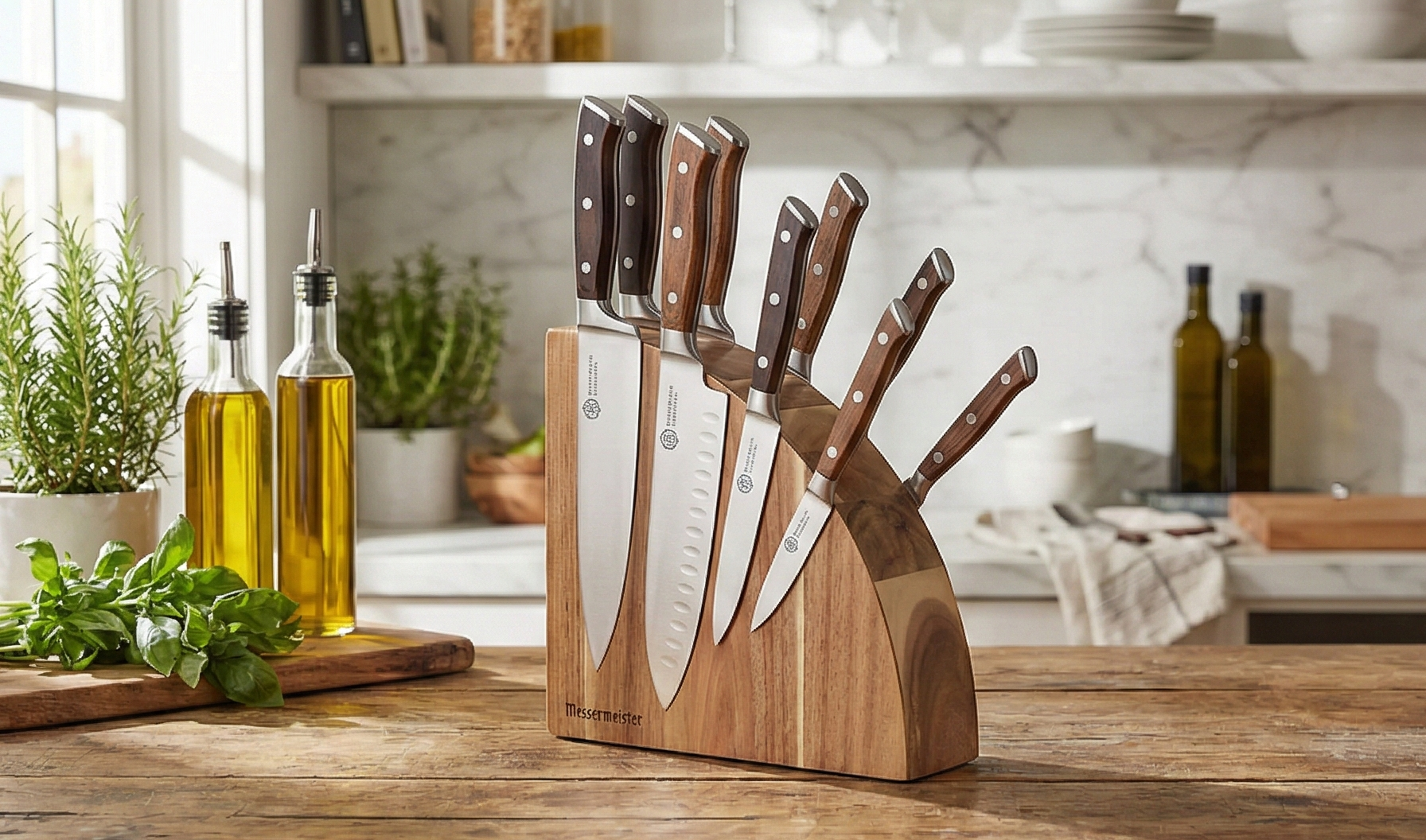 Messermeister Magnetic Knife Block, Acacia - Elegant, Durable & Secure - Holds 10 Knives or Steels & Scissors - 10"w x 10"h x 3"d