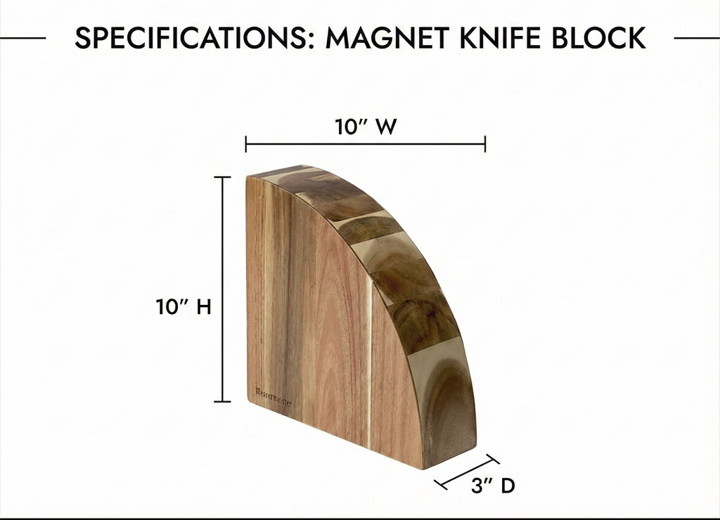 Messermeister Magnetic Knife Block, Acacia - Elegant, Durable & Secure - Holds 10 Knives or Steels & Scissors - 10"w x 10"h x 3"d
