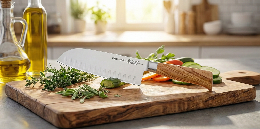Messermeister Oliva Elite 7” Kullenschliff Santoku Knife - Japanese Chef’s Knife - German Steel Alloy Blade & Mediterranean Wood Handle - Rust Resistant & Easy to Maintain