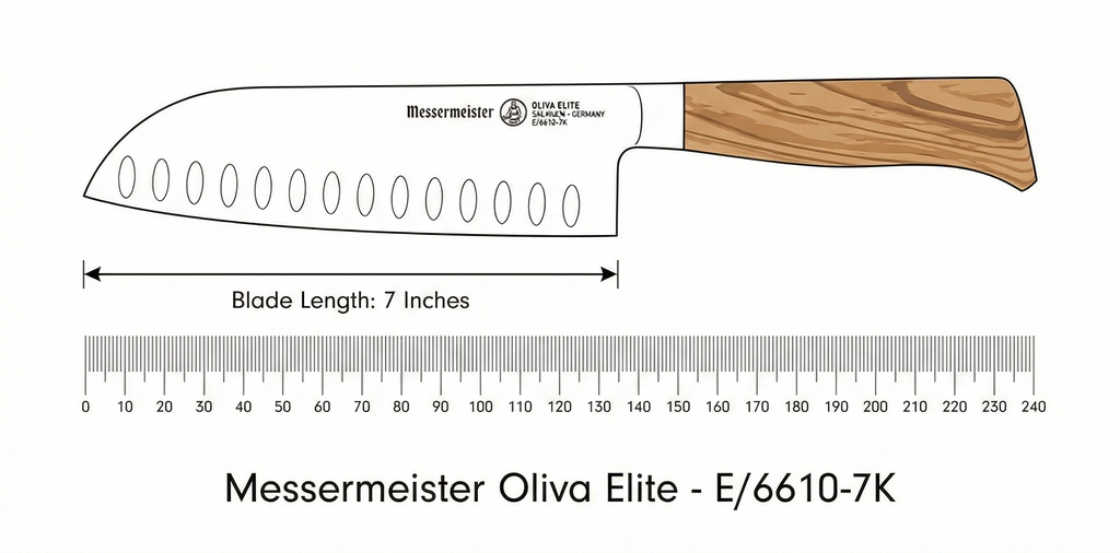 Messermeister Oliva Elite 7” Kullenschliff Santoku Knife - Japanese Chef’s Knife - German Steel Alloy Blade & Mediterranean Wood Handle - Rust Resistant & Easy to Maintain