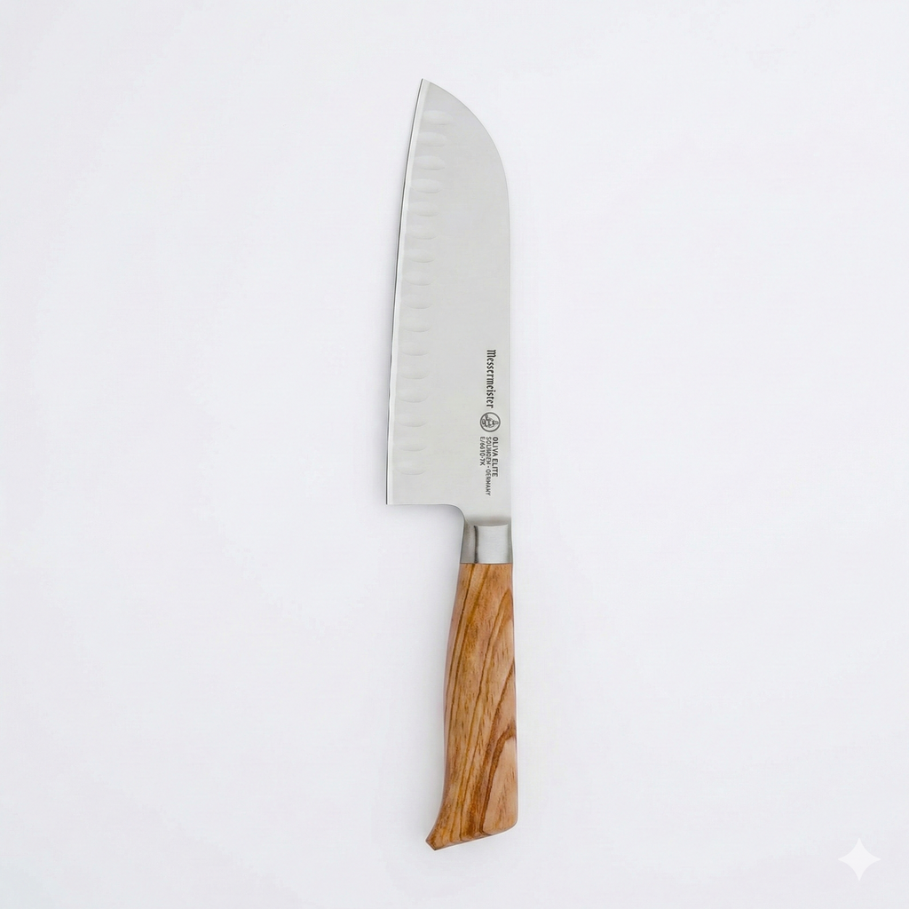 Messermeister Oliva Elite 7” Kullenschliff Santoku Knife - Japanese Chef’s Knife - German Steel Alloy Blade & Mediterranean Wood Handle - Rust Resistant & Easy to Maintain
