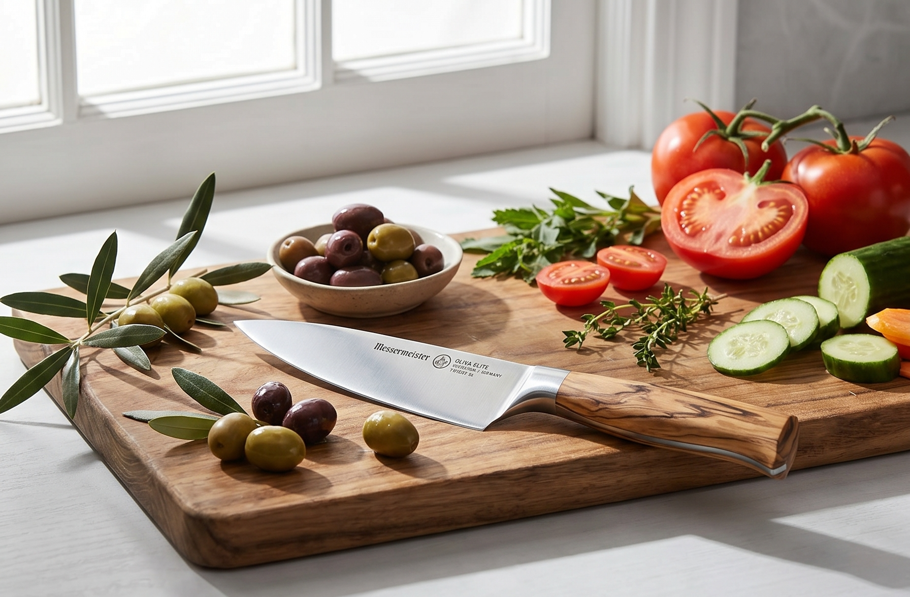 Messermeister Oliva Elite Stealth 6” Chef’s Knife - Fine German Steel Alloy Blade & Natural Mediterranean Olive Wood Handle - Rust Resistant & Easy to Maintain