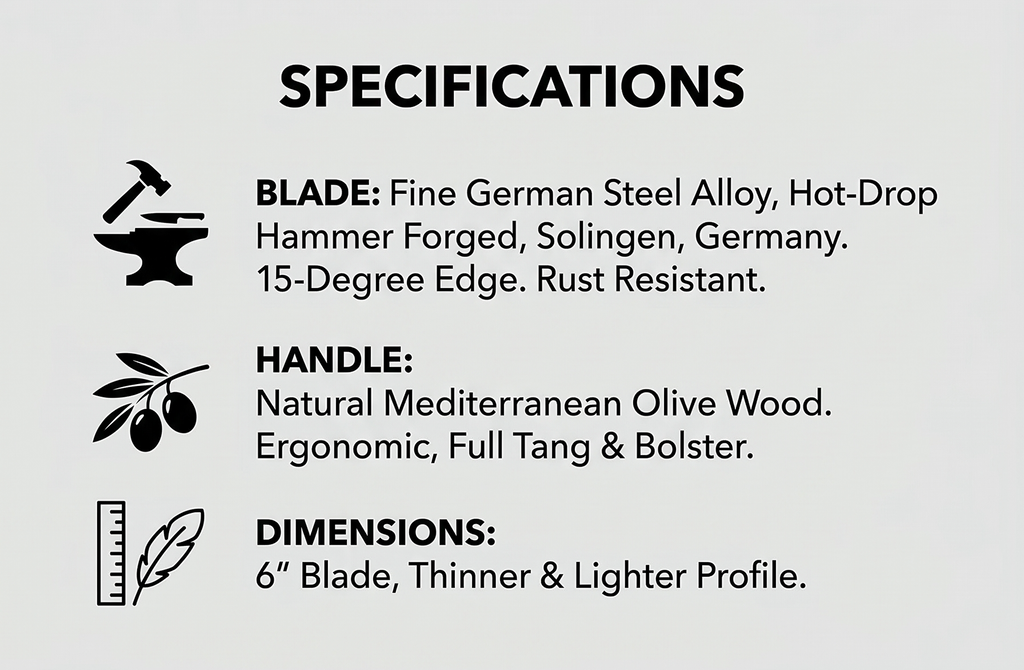 Messermeister Oliva Elite Stealth 6” Chef’s Knife - Fine German Steel Alloy Blade & Natural Mediterranean Olive Wood Handle - Rust Resistant & Easy to Maintain