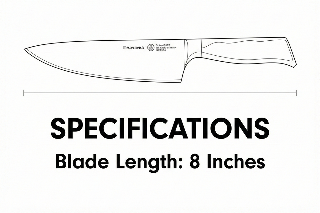Messermeister Oliva Elite Stealth 8” Chef’s Knife - Fine German Steel Alloy Blade & Natural Mediterranean Olive Wood Handle - Rust Resistant & Easy to Maintain