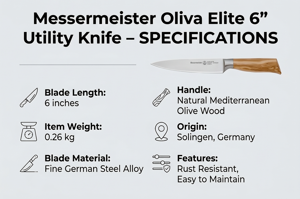 Messermeister Oliva Elite 6” Utility Knife - Fine German Steel Alloy Blade & Natural Mediterranean Olive Wood Handle - Rust Resistant & Easy to Maintain