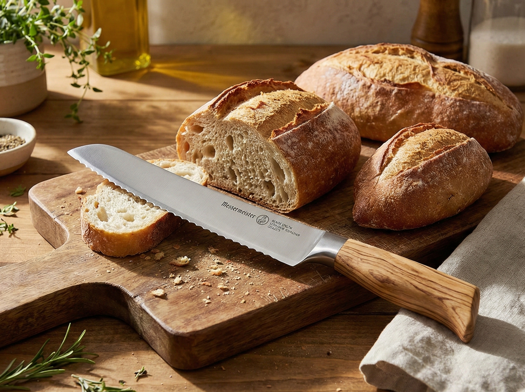 Messermeister Oliva Elite 9” Scalloped Bread Knife - Fine German Steel Alloy Blade & Natural Mediterranean Olive Wood Handle - Rust Resistant & Easy to Maintain