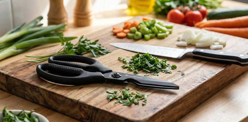 Messermeister 9-Inch Push Button Take-Apart Shears - High-Carbon Stainless Steel & Soft-Grip Handles - Includes Nut Cracker & Bottle Opener
