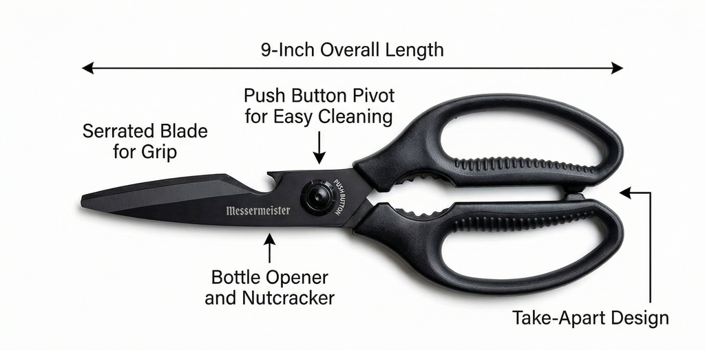 Messermeister 9-Inch Push Button Take-Apart Shears - High-Carbon Stainless Steel & Soft-Grip Handles - Includes Nut Cracker & Bottle Opener