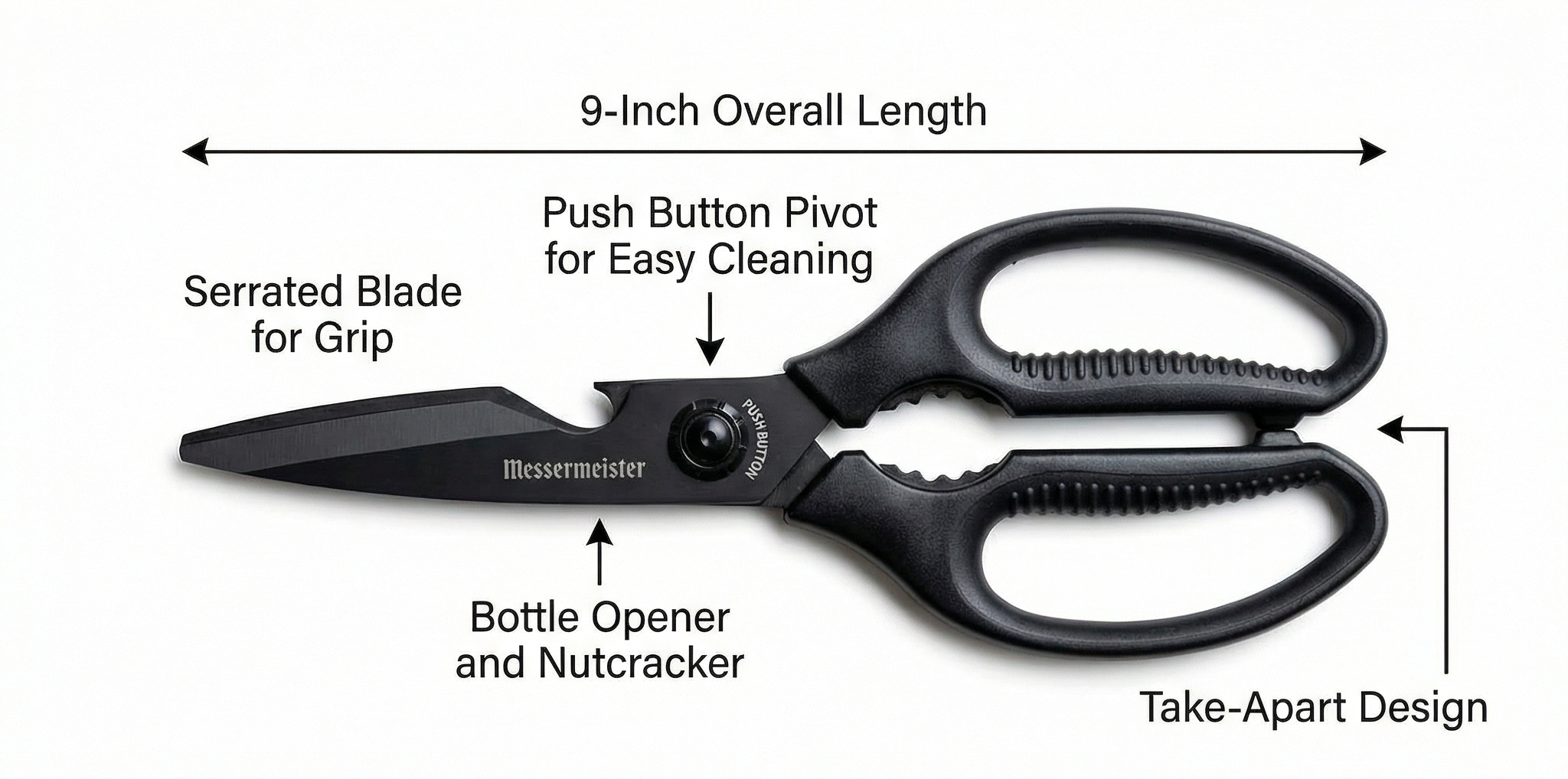Messermeister 9-Inch Push Button Take-Apart Shears - High-Carbon Stainless Steel & Soft-Grip Handles - Includes Nut Cracker & Bottle Opener