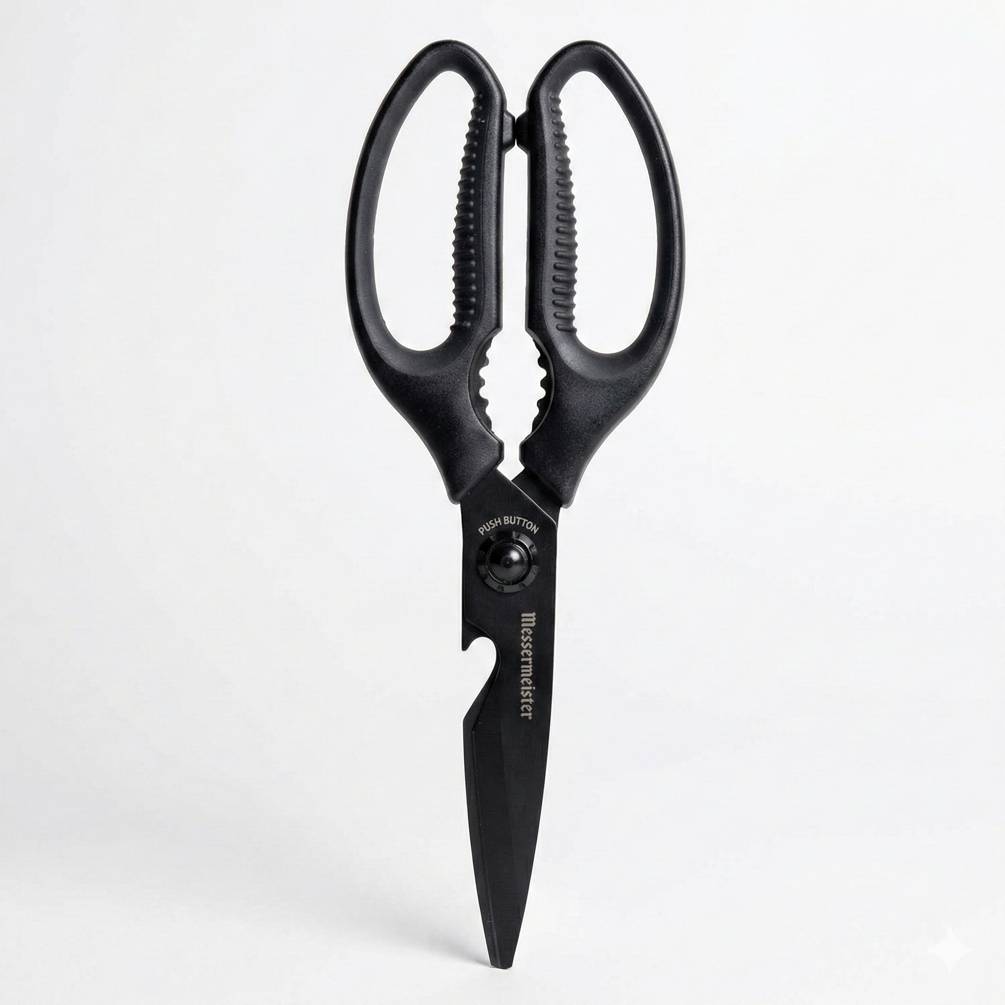 Messermeister 9-Inch Push Button Take-Apart Shears - High-Carbon Stainless Steel & Soft-Grip Handles - Includes Nut Cracker & Bottle Opener