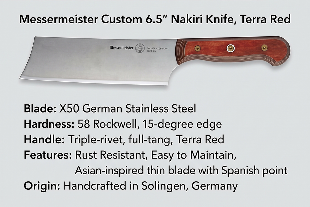 Messermeister Custom 6.5” Nakiri Knife, Terra Red - X50 German Stainless Steel - Rust Resistant & Easy to Maintain - Made in Solingen, Germany