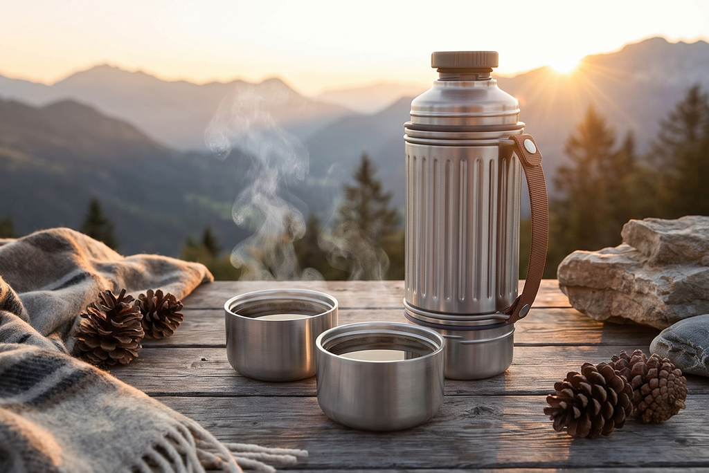 BLACK+BLUM - Insulated Explorer Flask Duo - Vacuum Insulated 304 Stainless Steel Flask with Leak Proof Lid, Nylon Carry Strap and two double-walled steel cups - Keeps Hot and Cold for 24 hours - 1L