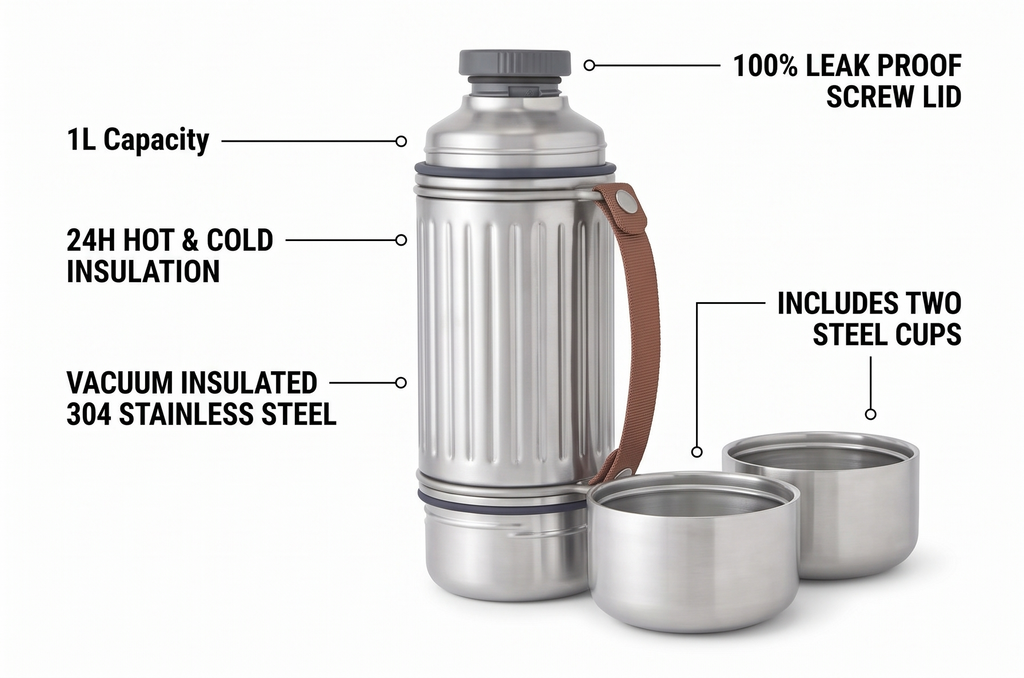 BLACK+BLUM - Insulated Explorer Flask Duo - Vacuum Insulated 304 Stainless Steel Flask with Leak Proof Lid, Nylon Carry Strap and two double-walled steel cups - Keeps Hot and Cold for 24 hours - 1L