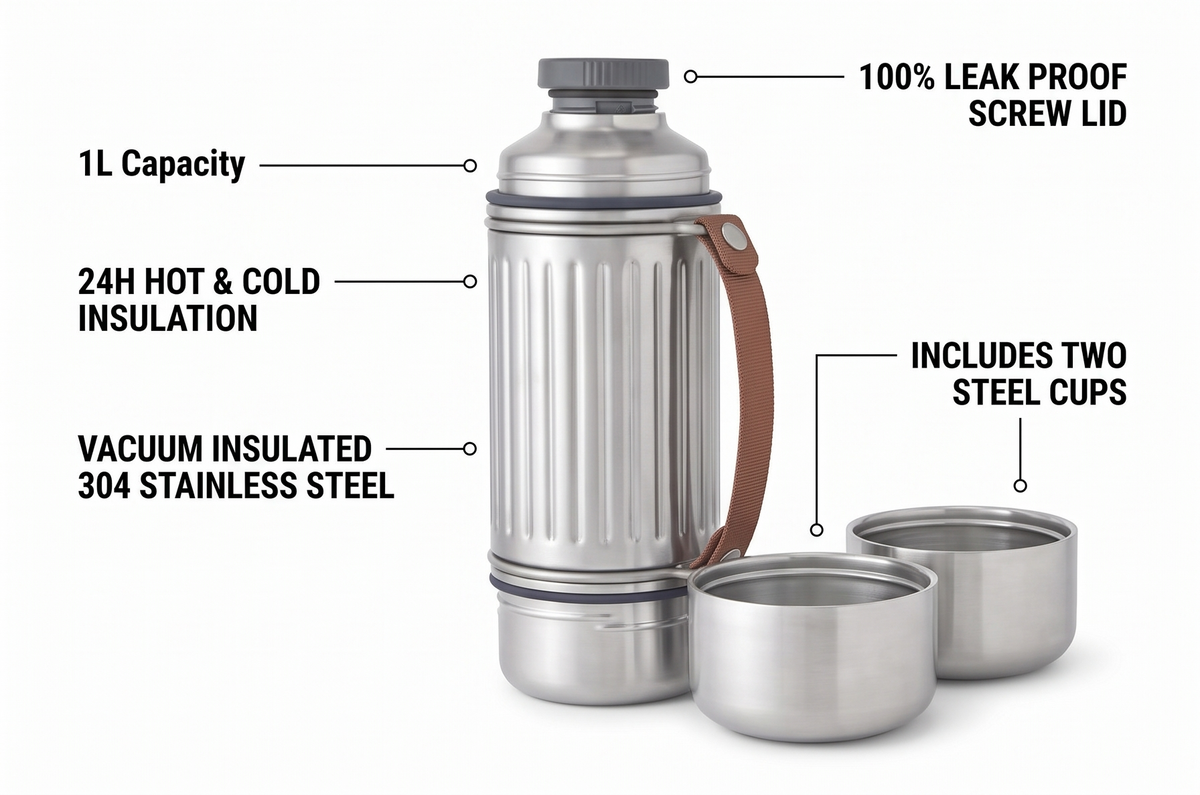 BLACK+BLUM - Insulated Explorer Flask Duo - Vacuum Insulated 304 Stainless Steel Flask with Leak Proof Lid, Nylon Carry Strap and two double-walled steel cups - Keeps Hot and Cold for 24 hours - 1L