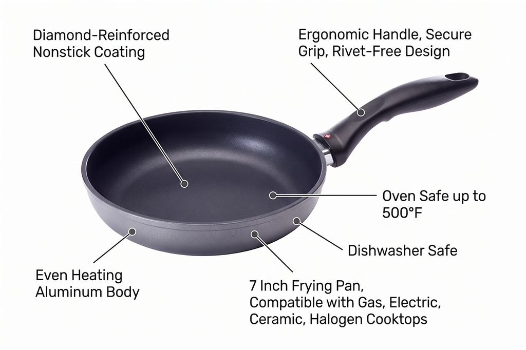 Swiss Diamond 7 Inch Frying Pan Nonstick Diamond Frying Pan, Aluminum Coated Skillet, Dishwasher Safe and Oven Safe Fry Pans with Ergonomic Handle, Grey