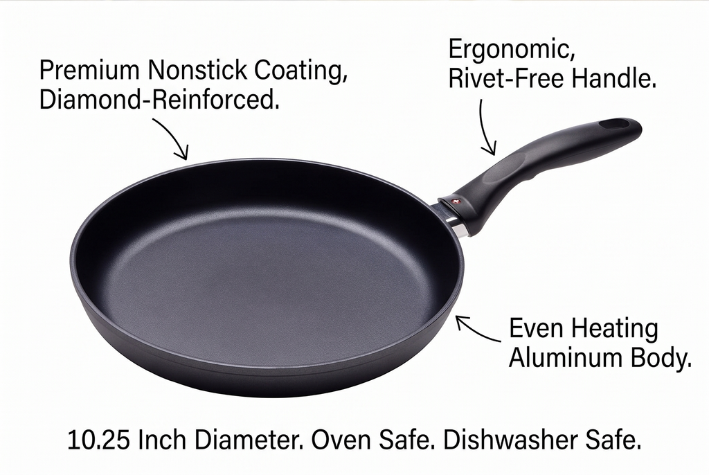 Swiss Diamond 10.25 Inch Frying Pan Nonstick Diamond Frying Pan, Aluminum Coated Skillet, Dishwasher Safe and Oven Safe Fry Pans with Ergonomic Handle, Grey