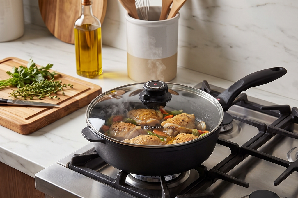 Swiss Diamond Nonstick Saute Pan with Lid, Diamond Coated Aluminum Deep Saute Pan with, Dishwasher & Oven Safe Up To 500 °F, 10.25 Inch, 3.8 Quart