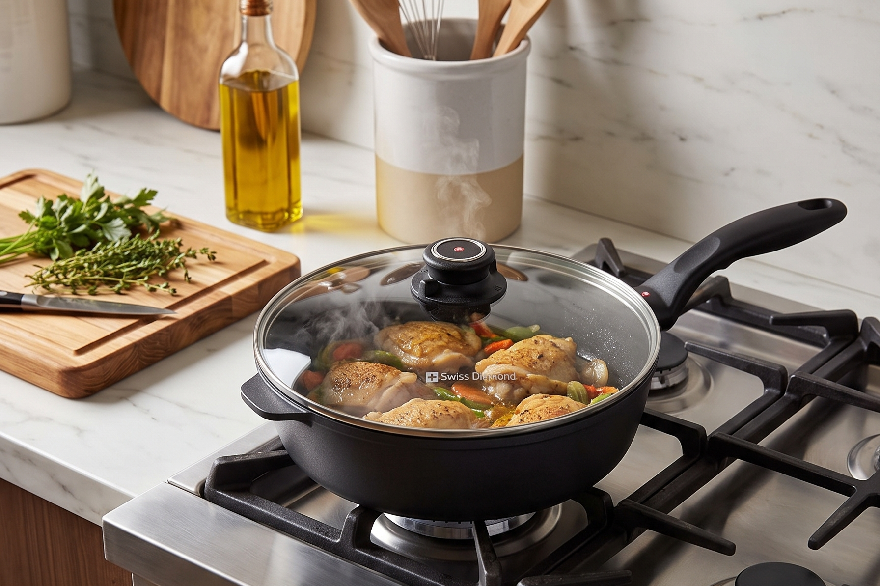 Swiss Diamond Nonstick Saute Pan with Lid, Diamond Coated Aluminum Deep Saute Pan with, Dishwasher & Oven Safe Up To 500 °F, 10.25 Inch, 3.8 Quart