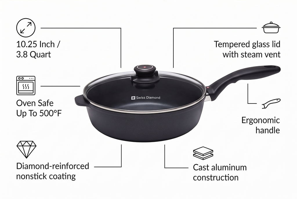 Swiss Diamond Nonstick Saute Pan with Lid, Diamond Coated Aluminum Deep Saute Pan with, Dishwasher & Oven Safe Up To 500 °F, 10.25 Inch, 3.8 Quart
