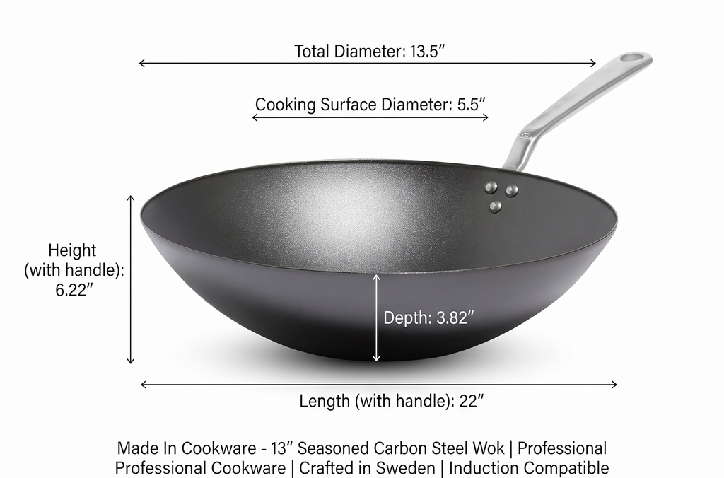 Made In Cookware - 13" Seasoned Carbon Steel Wok - Professional Cookware - Crafted in Sweden - Induction Compatible