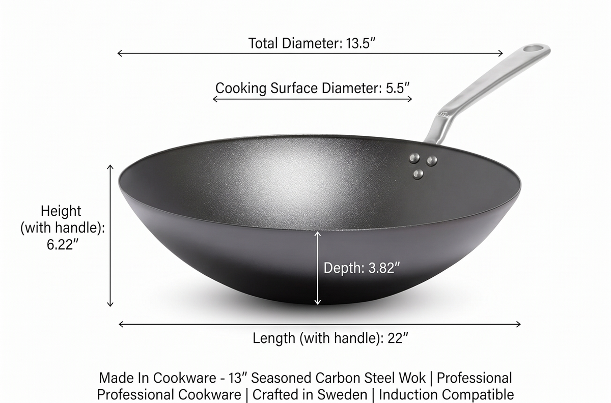 Made In Cookware - 13" Seasoned Carbon Steel Wok - Professional Cookware - Crafted in Sweden - Induction Compatible