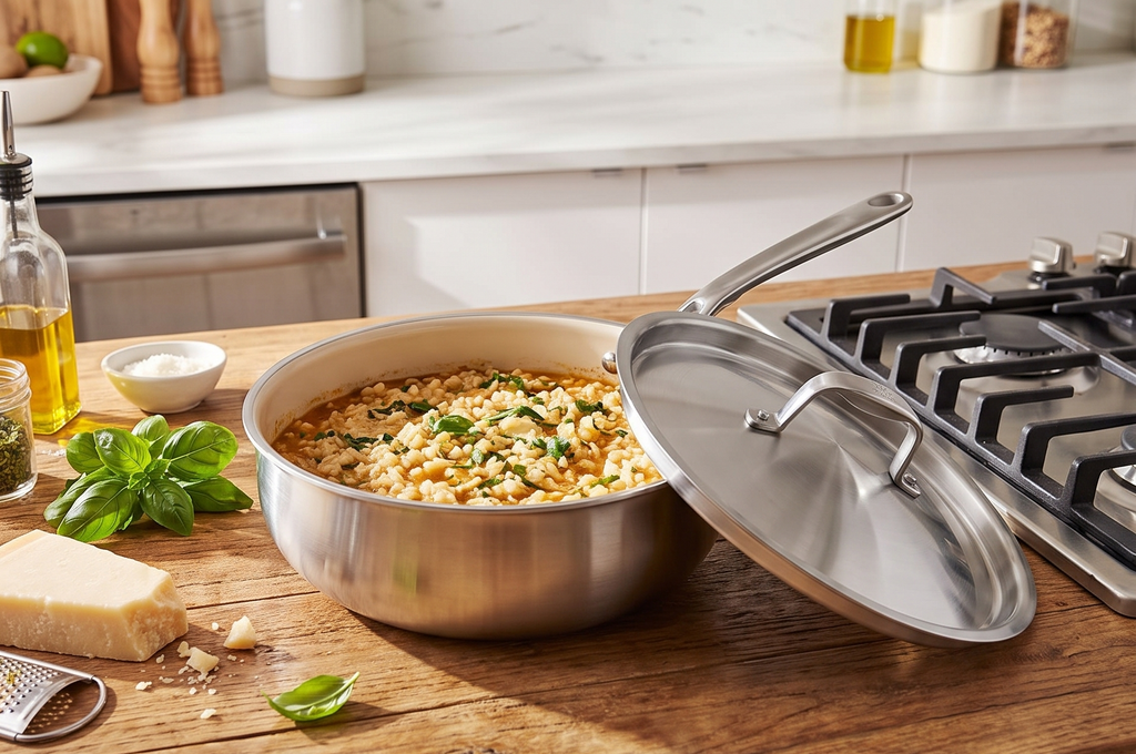 Made In Cookware - 3 QT Ceramic Non Stick Saucier with Lid - 5-Ply Stainless Clad with Stay-Cool Handle - Professional Cookware - Crafted in Italy - Induction Compatible